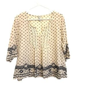 2/15 Forever 21 Boho Cotton Blouse Cream Navy Embroidered 3/4 Sleeve Medium